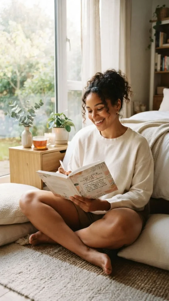 Person smiling while reading positive affirmations in the morning.