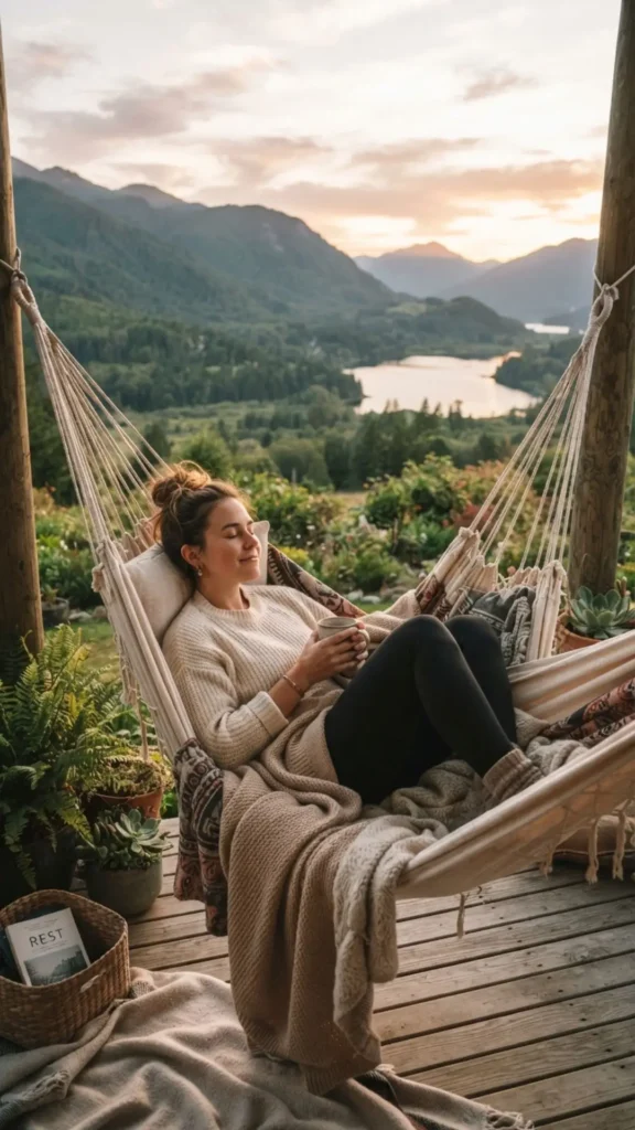 Cozy reading corner with blankets, tea, and a relaxing atmosphere.