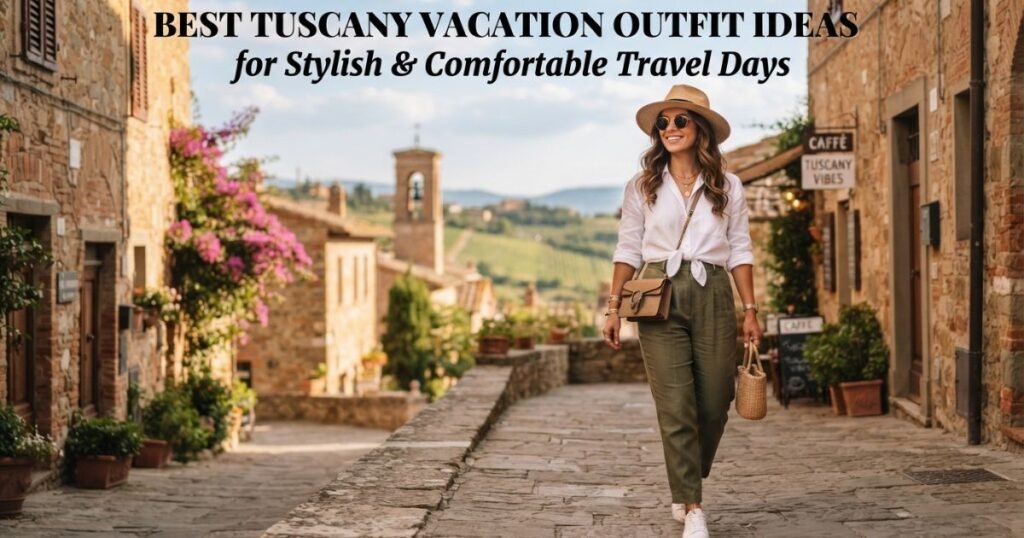 Stylish Tuscany vacation outfits with chic, comfortable, and elegant travel looks.