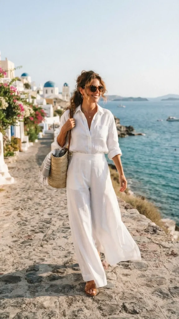 White linen shirt paired with wide-leg trousers for effortless style.
