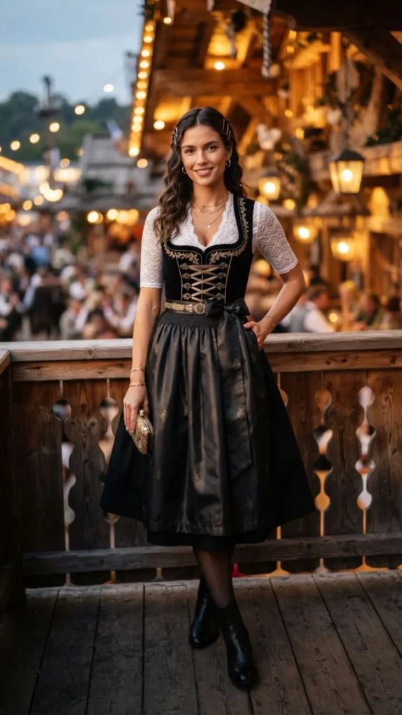 Black dirndl styled with elegant gold accessories for Oktoberfest.
