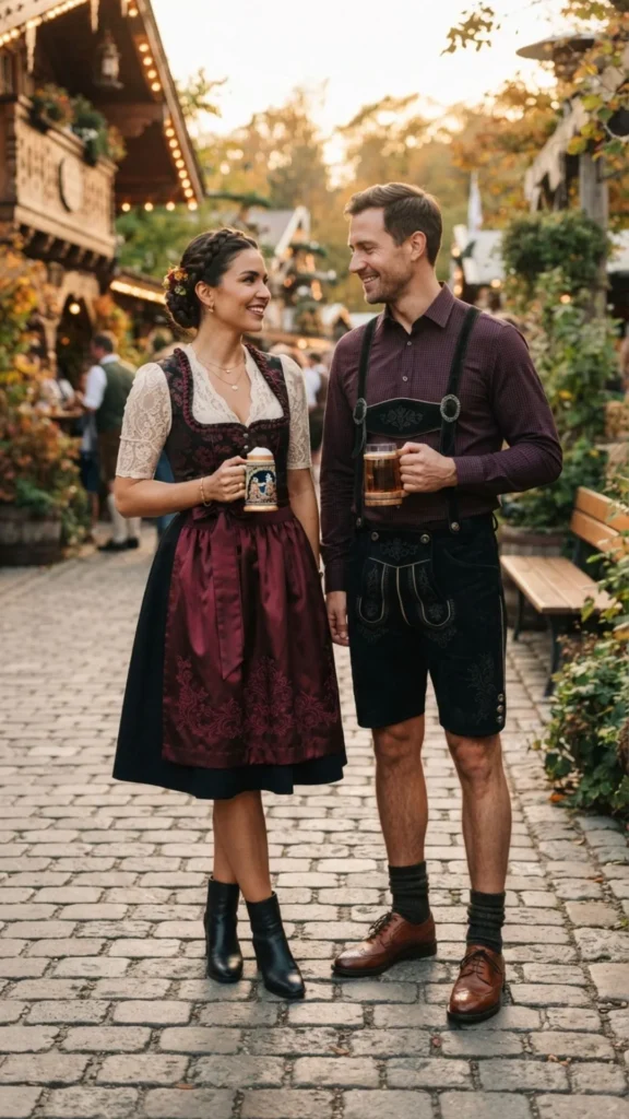 Black and burgundy matching outfits for a stylish Oktoberfest couple look.
