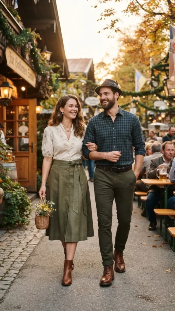 Casual Oktoberfest couple outfits combining comfortable and traditional festival style.
