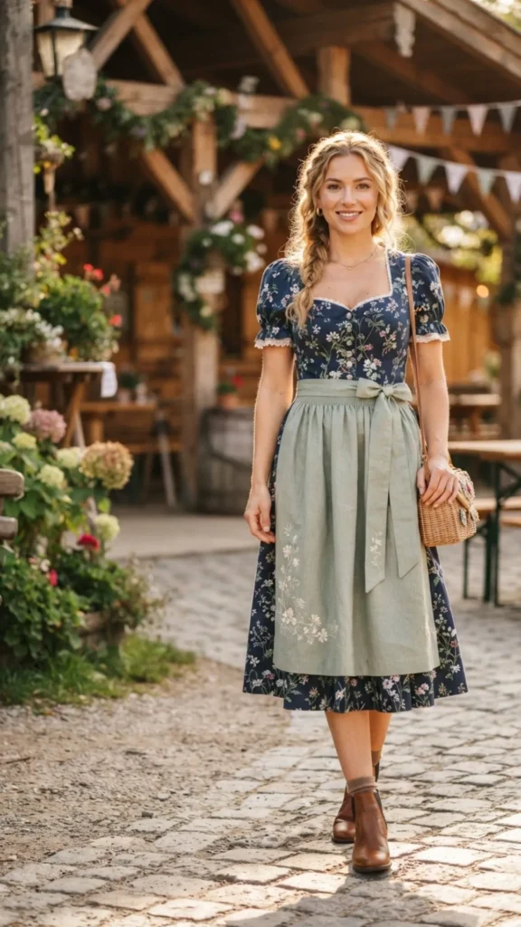 Floral midi dress with an apron for a feminine Oktoberfest look.