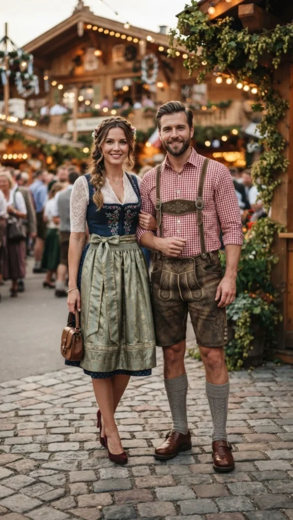 Matching traditional dirndl and lederhosen outfits for an Oktoberfest couple.
