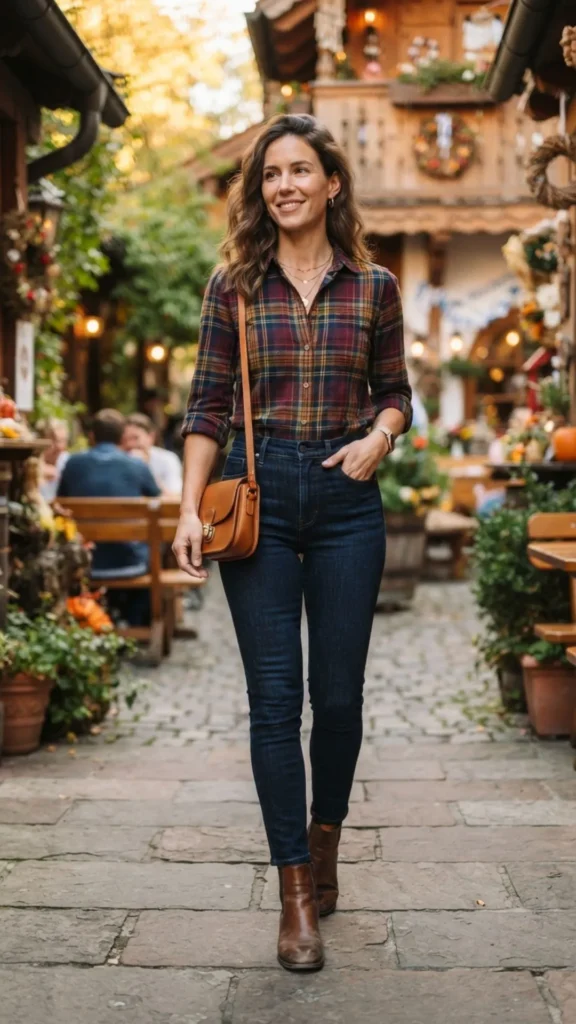 Plaid shirt and dark jeans styled for a simple Oktoberfest outfit.