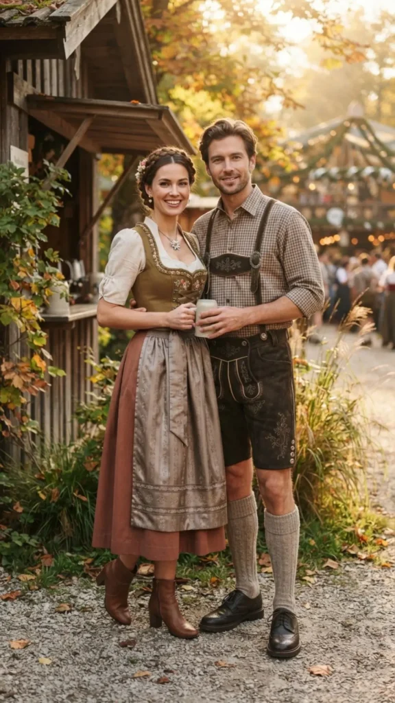 Rustic earth-tone matching couple outfits for a traditional Oktoberfest celebration.
