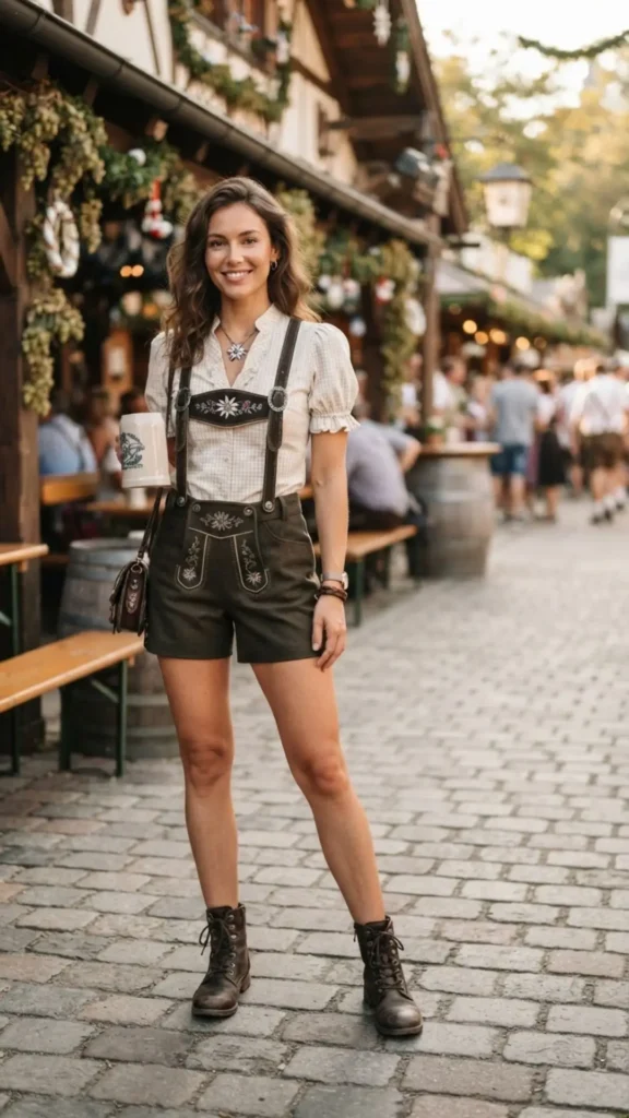 Traditional suspenders and boots outfit for a classic Oktoberfest style.