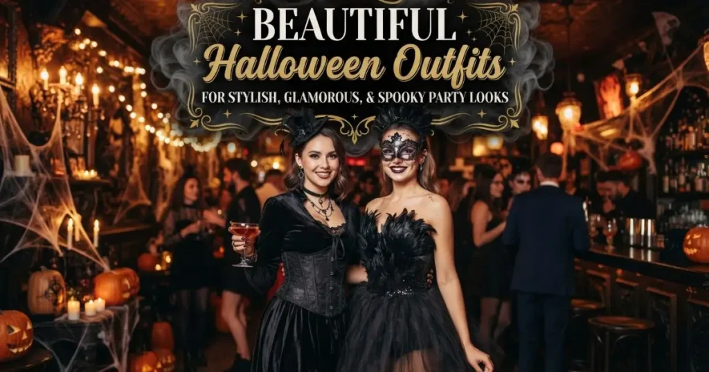 Beautiful Halloween outfits featuring stylish, glamorous, and spooky party looks