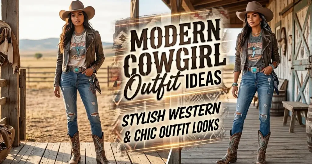 Stylish modern cowgirl wearing denim, cowboy boots, a Western hat, and a chic outfit