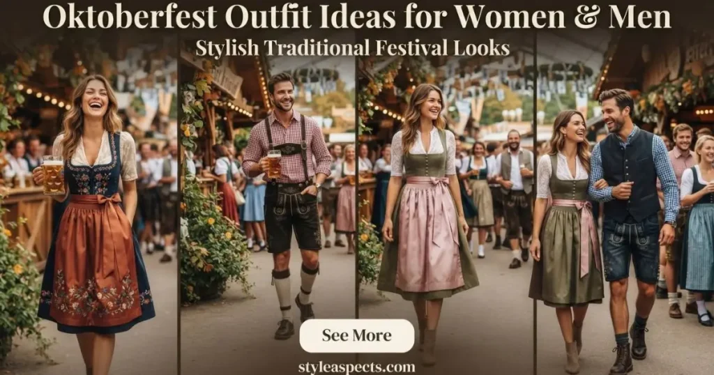 Stylish Oktoberfest outfit ideas for women and men with traditional Bavarian-inspired festival looks.
