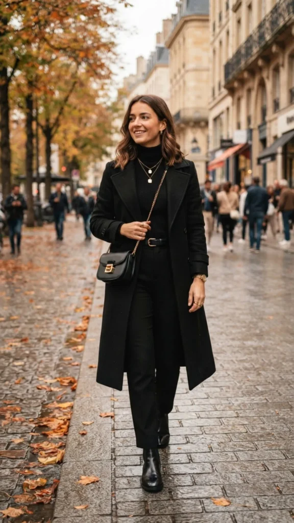 Woman dressed in an all-black fall outfit with elegant gold accessories and stylish boots.