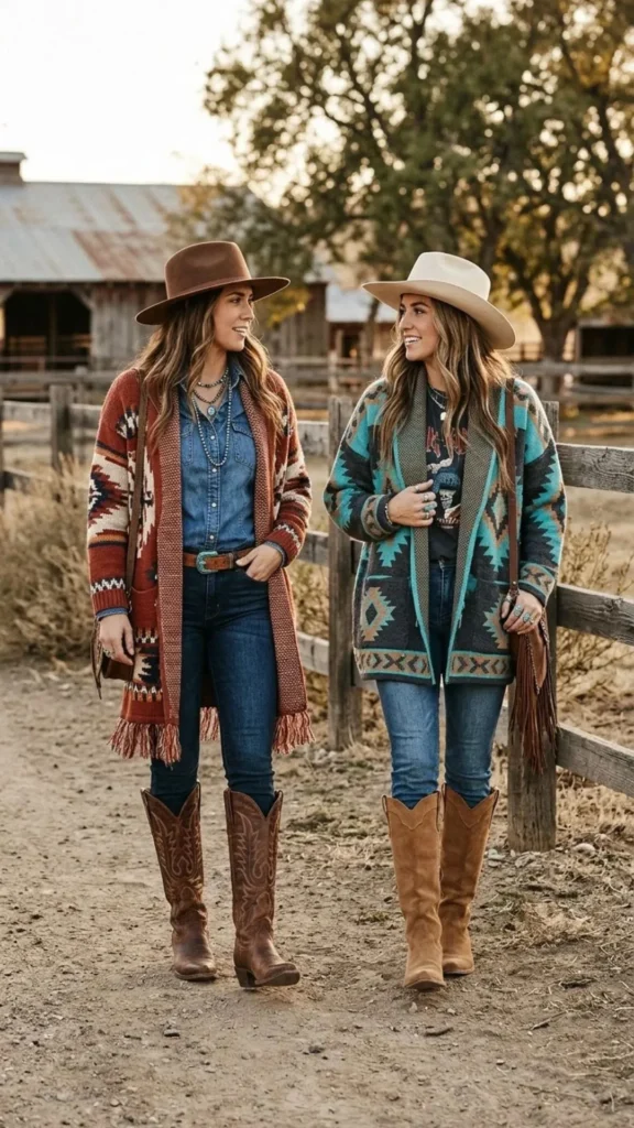 Cozy Aztec-pattern cardigan paired with tall cowboy boots and denim for a stylish Western outfit.