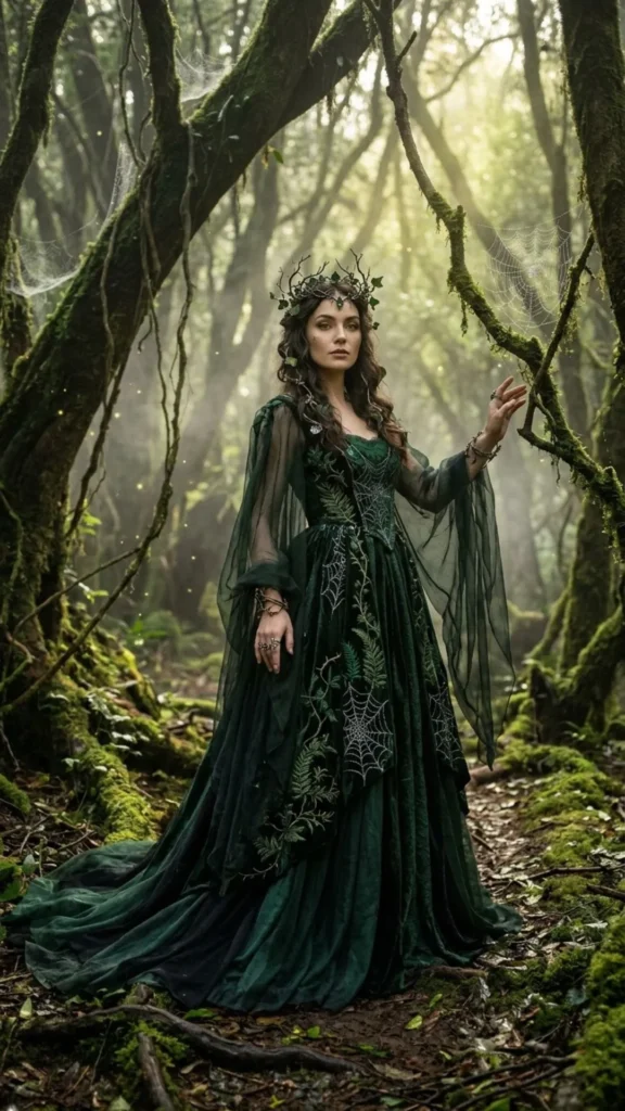 Forest spellcaster Halloween costume with spiderweb-inspired details, mystical accessories, and an enchanted woodland atmosphere.