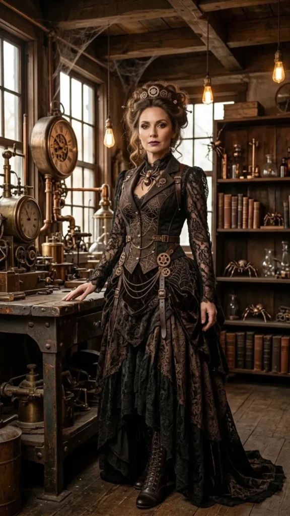 Steampunk spider mistress Halloween costume with vintage mechanical accessories, metallic details, and intricate spider-inspired styling.