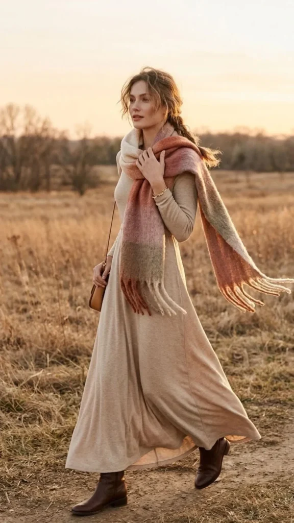 Beige maxi dress paired with a gradient scarf and ankle boots for a warm winter ensemble.