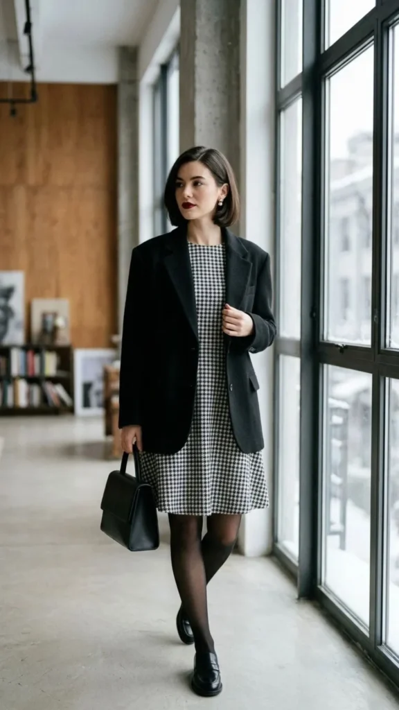 Checkered winter dress styled with a black blazer and black tights for a polished outfit.