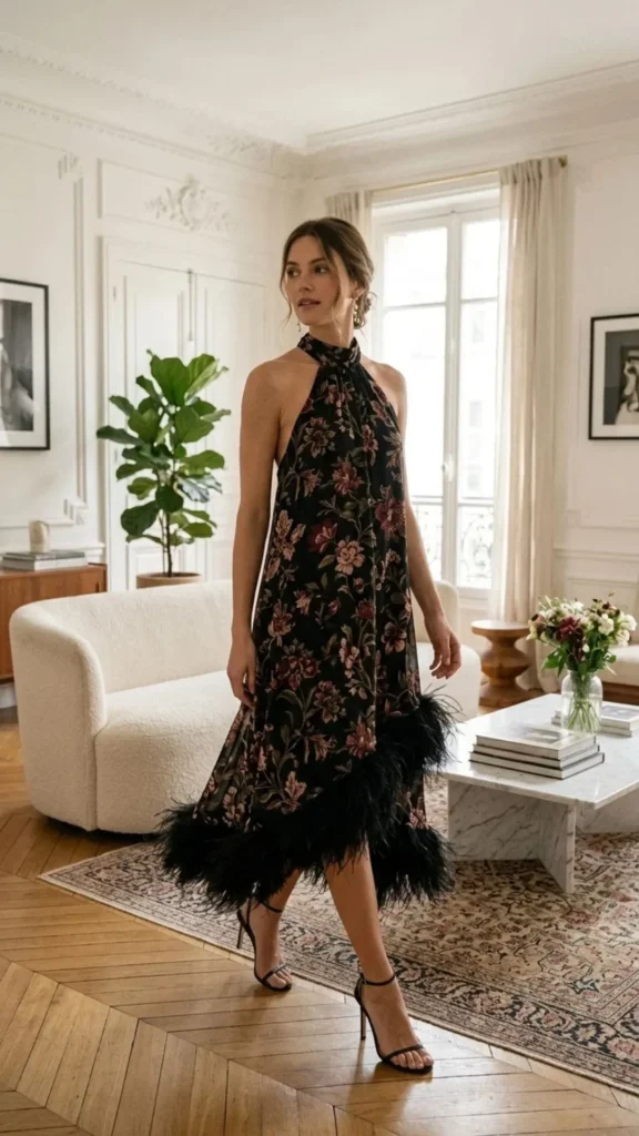 Black floral halter dress with feather trim for glamorous winter wedding guest style.