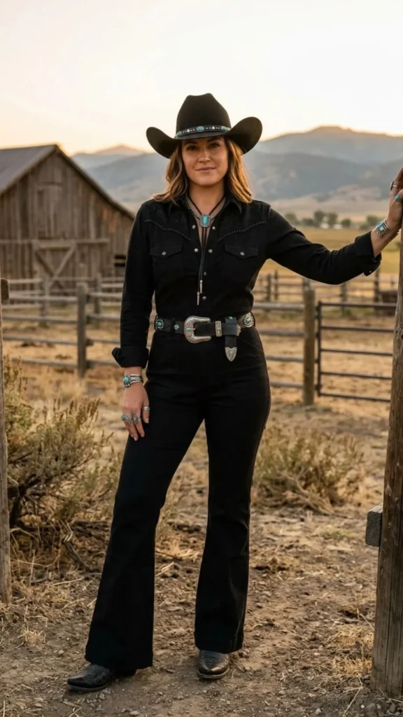 Black jumpsuit styled with Western boots and a statement belt for a glamorous ranch-inspired outfit.