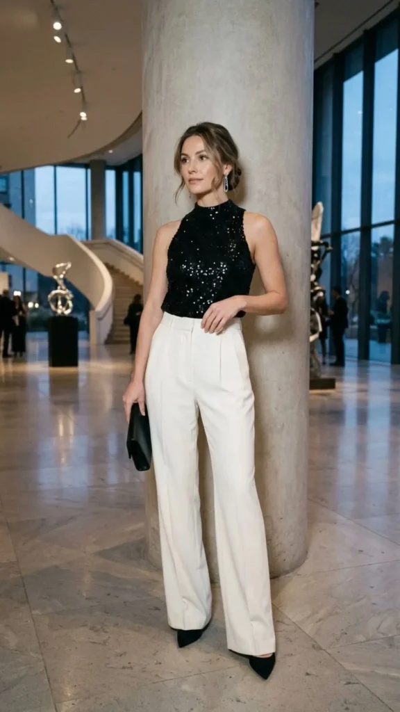 Black sequin top styled with tailored trousers for a sophisticated and glamorous party outfit.