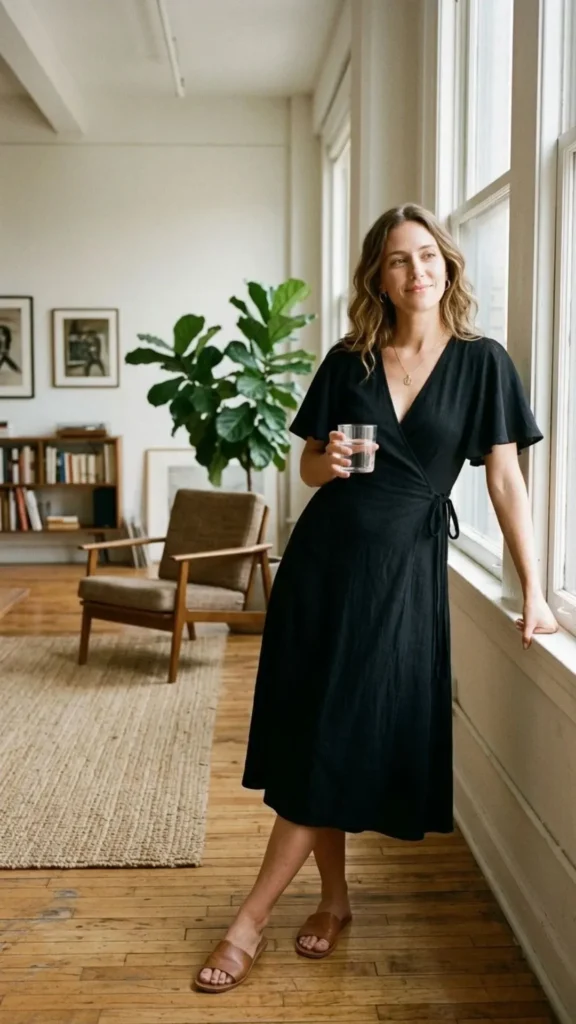 Black wrap midi dress with flutter sleeves for timeless winter wedding guest elegance.