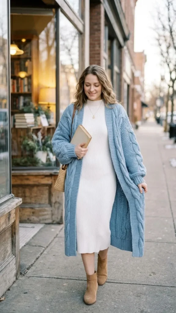 White ribbed midi dress layered with a long blue cardigan for a cozy and elegant winter look.