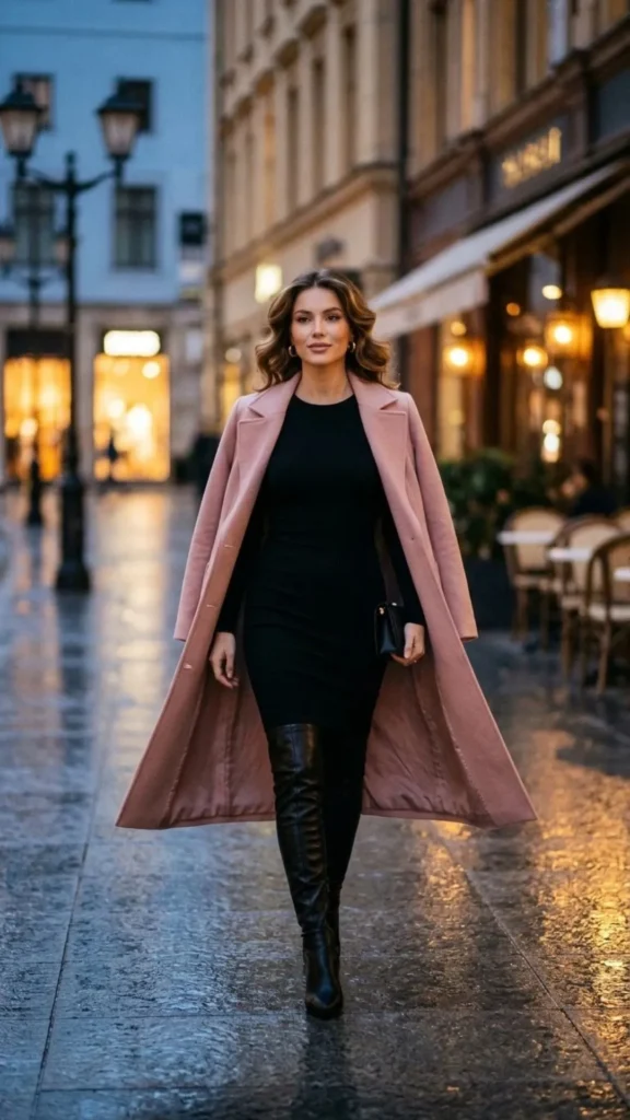 Black bodycon dress with a blush pink coat and thigh-high boots for a stylish winter outfit.