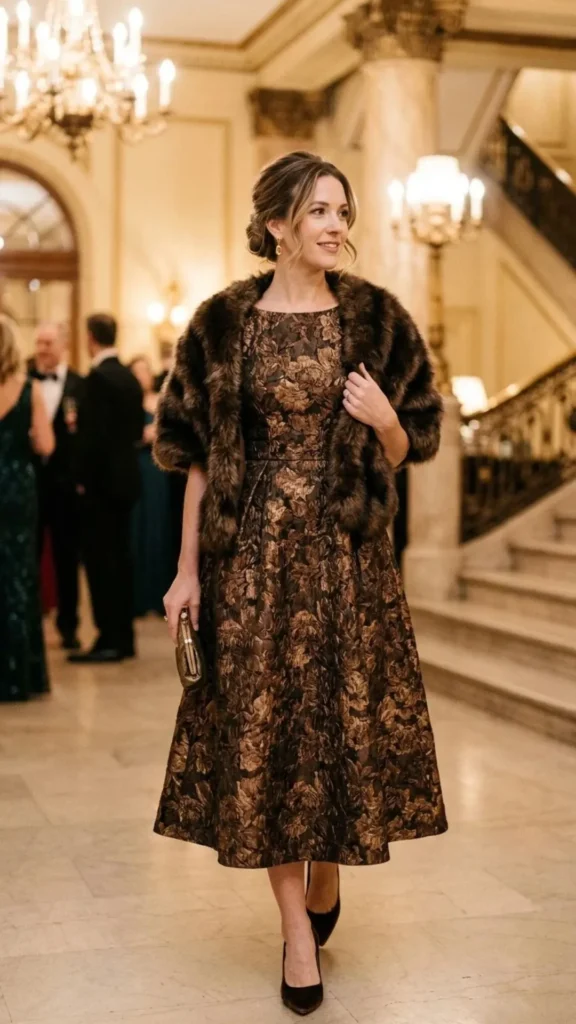 Brown floral jacquard midi dress with a luxurious fur wrap for a classy winter look.