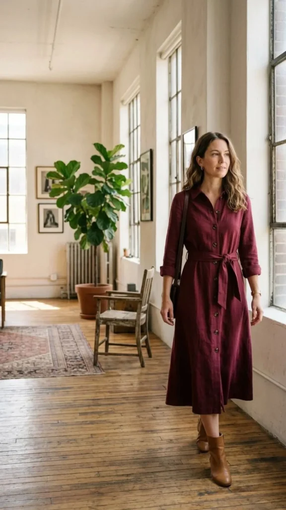 Burgundy button-front belted midi dress for a sophisticated and fashionable winter wedding outfit.