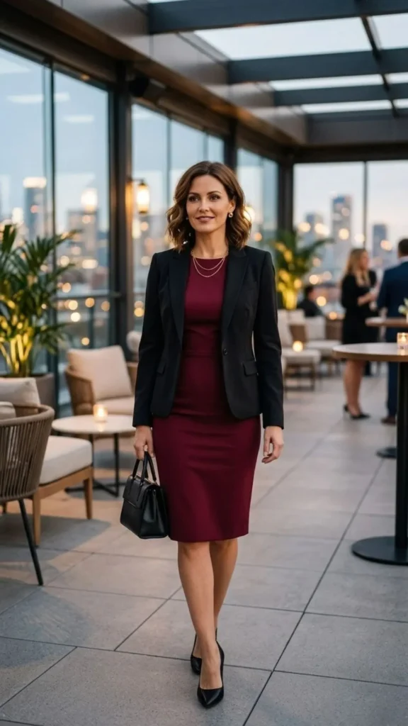 A burgundy sheath dress paired with a tailored black blazer for a polished and stylish work party look.