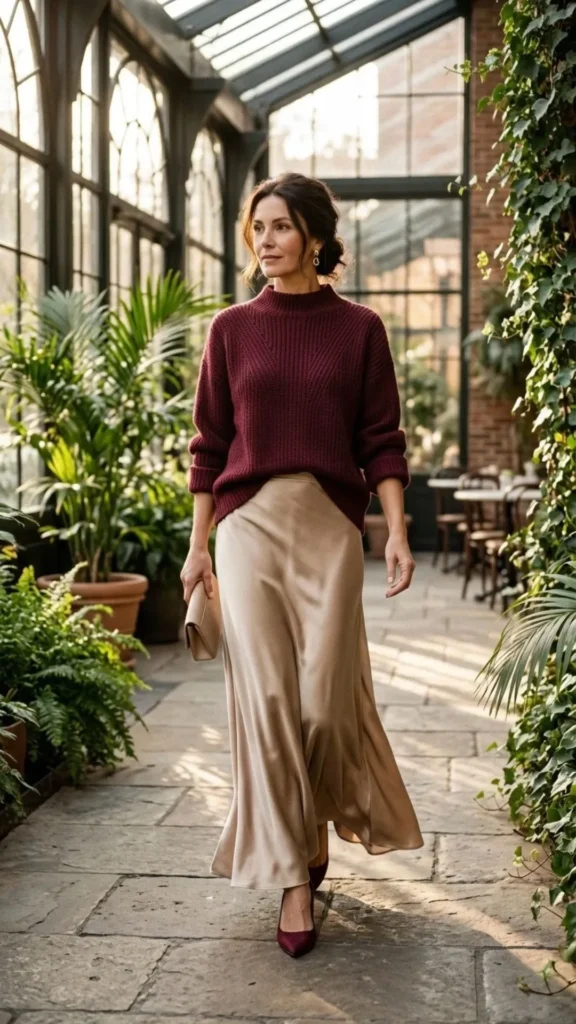 Burgundy knit sweater paired with a flowing satin maxi skirt for an elegant and feminine work party look.