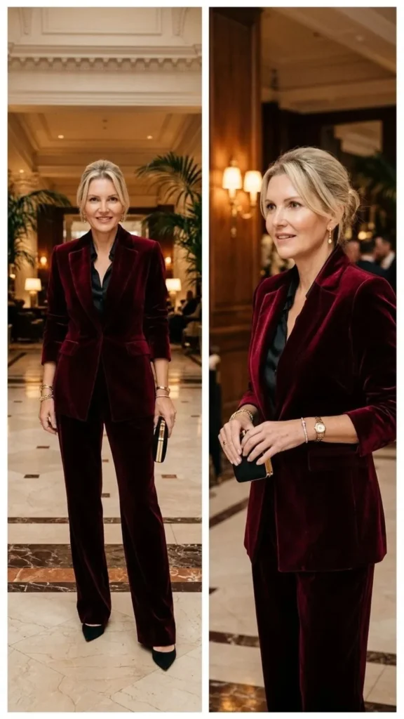 Burgundy velvet power suit featuring a tailored blazer and matching trousers for a sophisticated look.