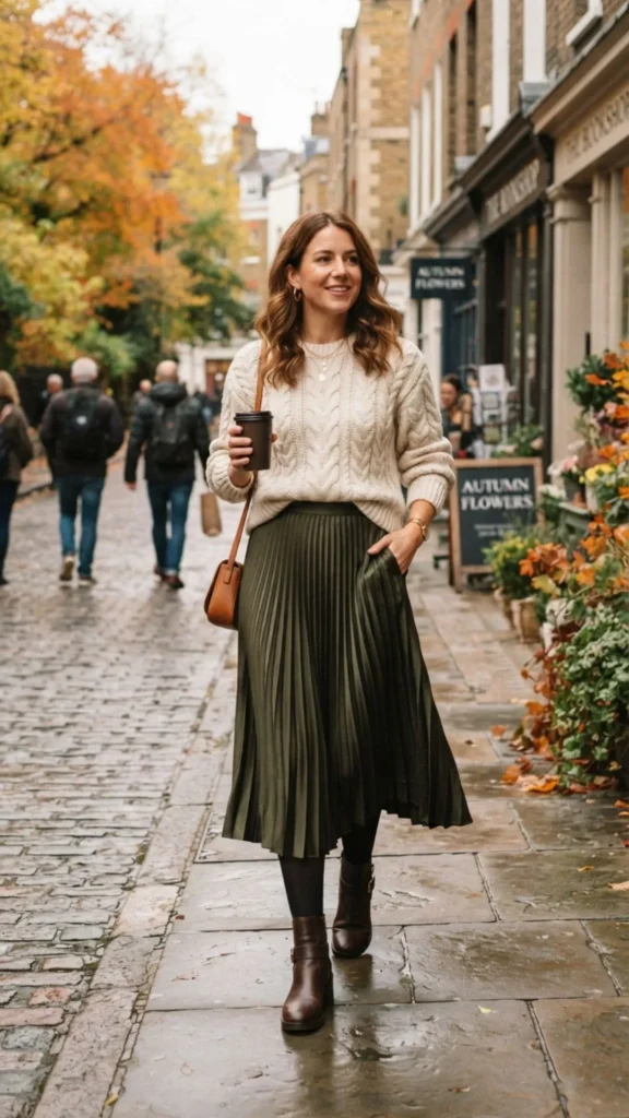 Woman wearing a cable-knit sweater with a midi skirt and boots for an elegant autumn festival outfit.