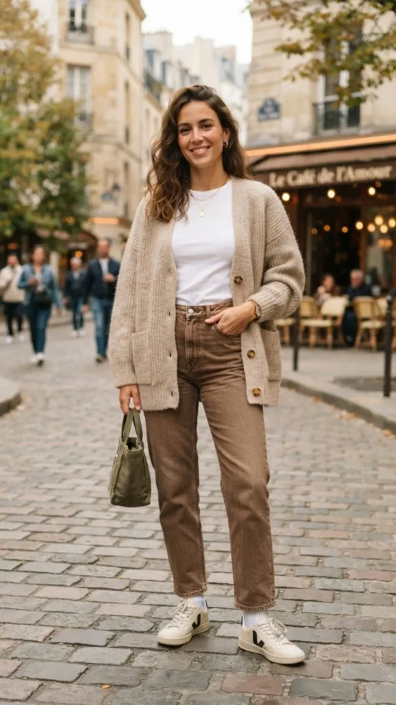Woman wearing a soft cardigan with a white tee, brown straight-leg jeans, and ankle boots.