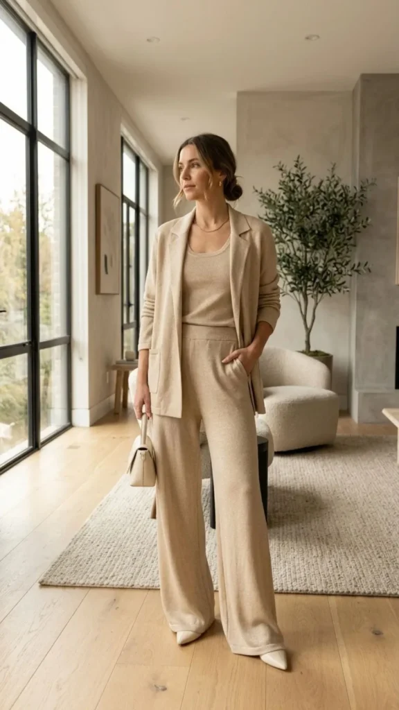 Champagne knit blazer and matching wide-leg trousers for sophisticated winter wedding fashion.