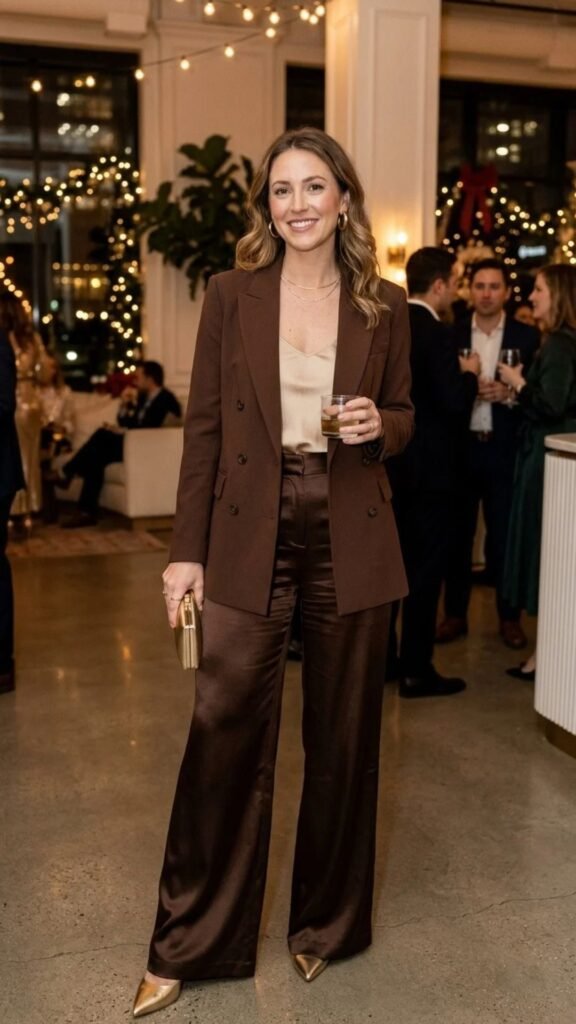 Chocolate brown blazer paired with elegant satin wide-leg pants for a chic work party outfit.