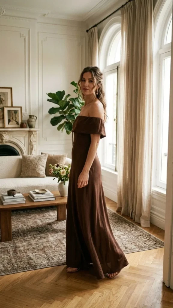 Chocolate brown off-shoulder maxi dress for an elegant and glamorous winter wedding look.