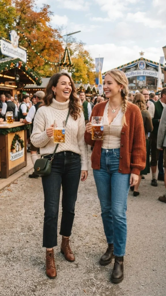 Woman wearing a chunky knit sweater, straight-leg jeans, and ankle boots for a cozy fall Oktoberfest outfit.