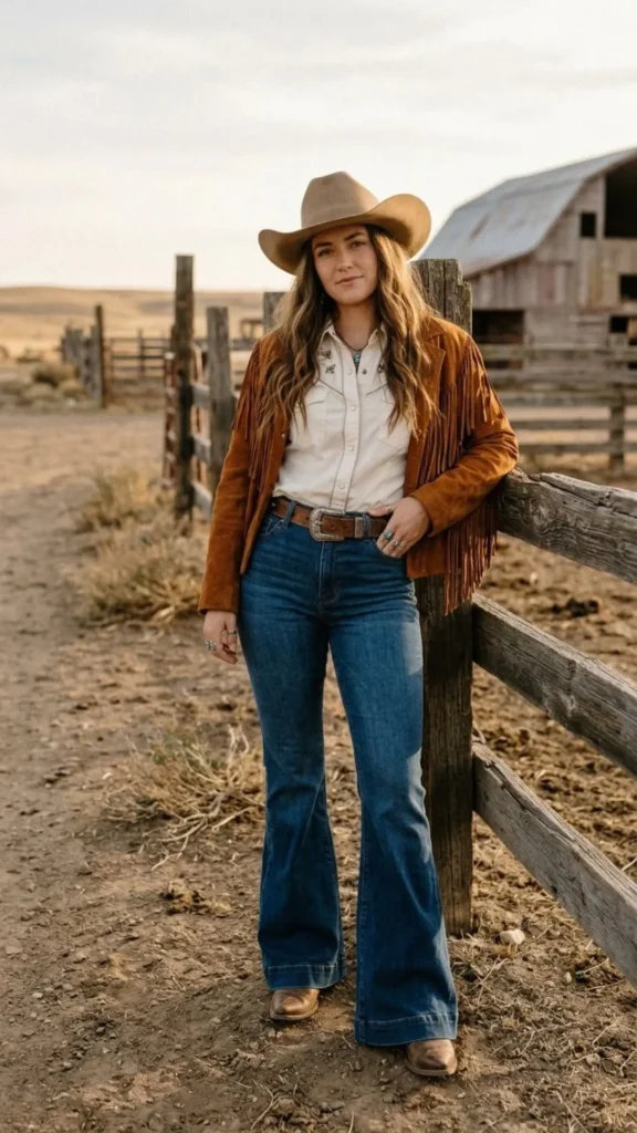Classic cowgirl outfit with flared jeans, a Western shirt, cowboy boots, and a stylish cowgirl hat.