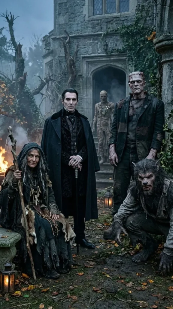 Classic Halloween characters reimagined with creative costumes, spooky accessories, and stylish modern fashion ideas.