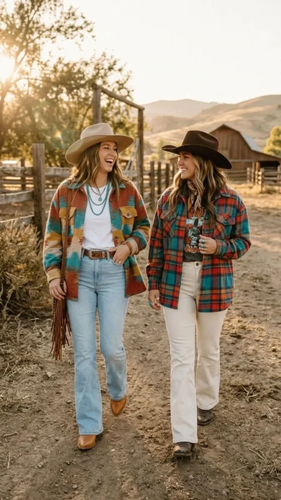 Colorful shacket paired with light flared jeans and cowboy boots for a trendy Western look.