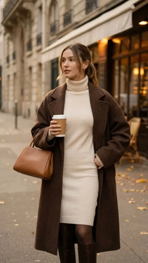 Cream turtleneck dress paired with a brown oversized coat for a warm and timeless winter look.
