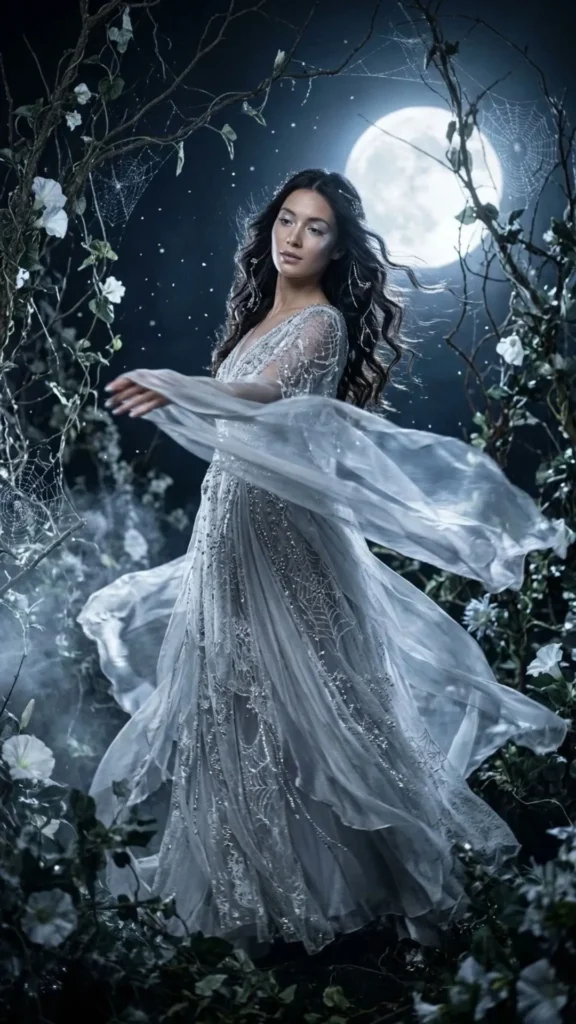 Silver web sorceress Halloween costume with shimmering spiderweb details, a mystical outfit, and moonlit elegance.
