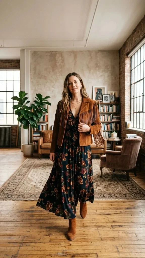 Dark floral maxi dress with brown fringe jacket for a stylish bohemian winter outfit.