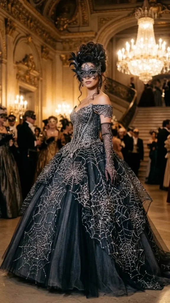 Webbed masquerade ball gown featuring elegant spiderweb patterns, luxurious fabric, and glamorous Halloween styling.