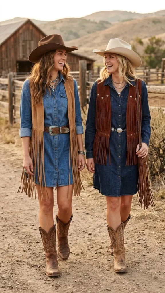Denim shirtdress layered with a fringe vest, cowboy boots, and Western accessories for a modern cowgirl look.