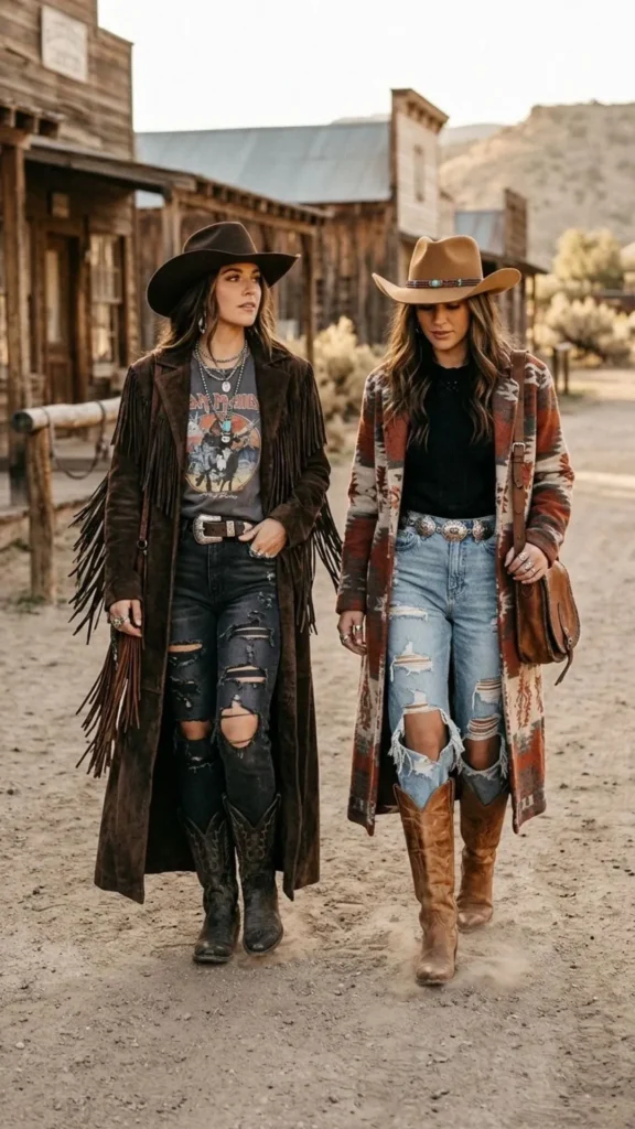 Chic Western look with a long duster coat, ripped denim jeans, and stylish cowboy boots.
