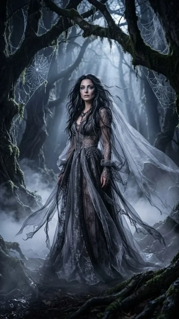 Phantom web spirit Halloween costume with flowing dark fabrics, ethereal details, and a mysterious supernatural appearance.
