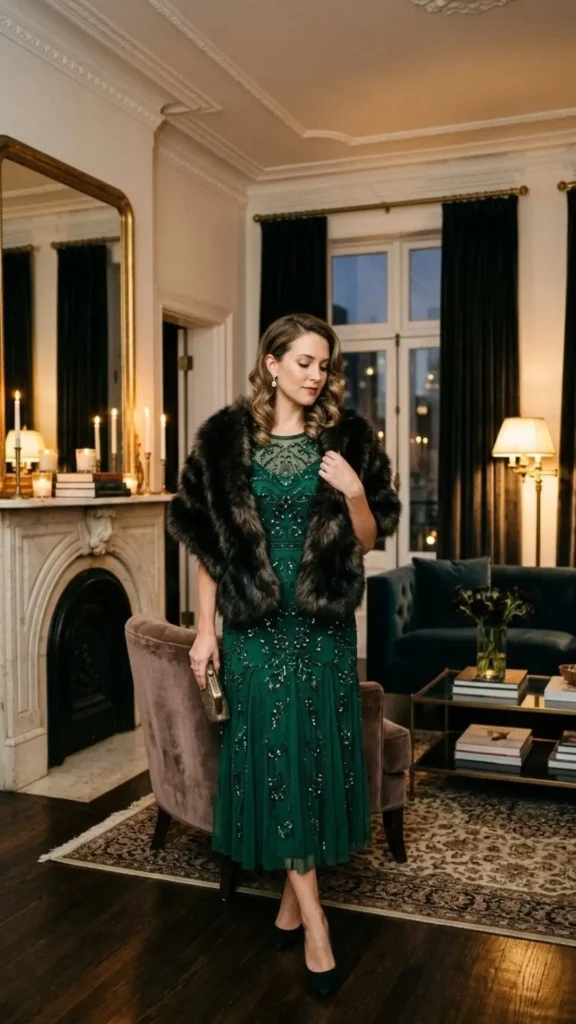 Emerald green embellished midi dress with faux fur stole for an elegant winter wedding outfit.