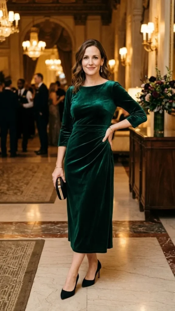 Elegant emerald green velvet cocktail dress styled with chic accessories for an evening event.